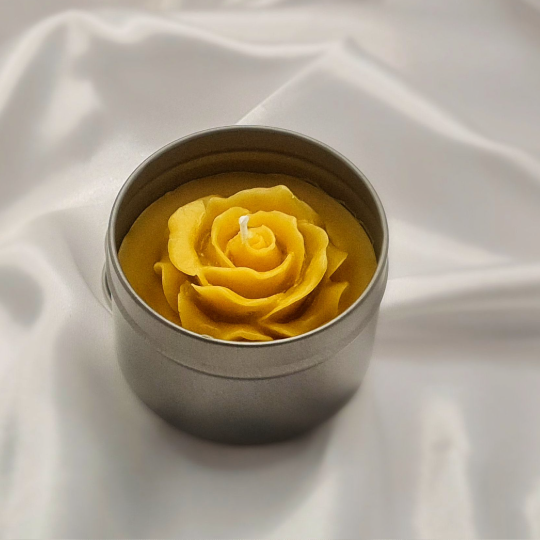 "Blooming Elegance: Pure Beeswax Rose Candle in a Charming Tin – Illuminate Your Space with Nature's Beauty"